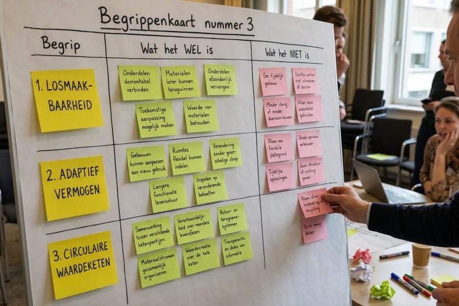Een begrippenkaart op een flipover met drie kolommen: het begrip, wat het wél is en wat het niet is. Deelnemers plakken briefjes bij de begrippen losmaakbaarheid, adaptief vermogen en circulaire waardeketen.