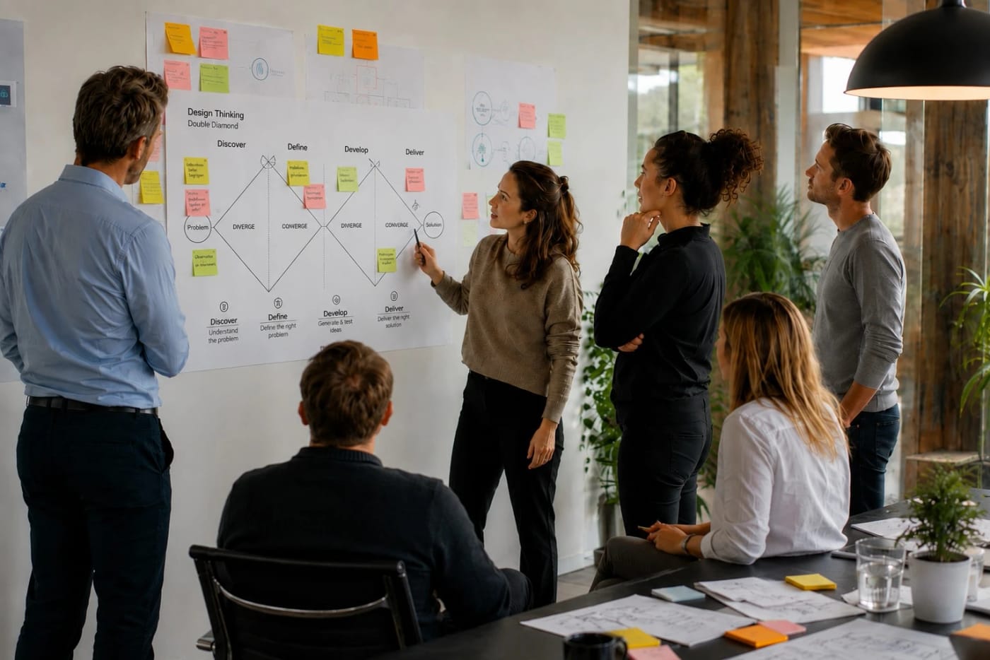 Een trainer wijst bij de wand de vier fasen van de Double Diamond aan, terwijl het team meekijkt